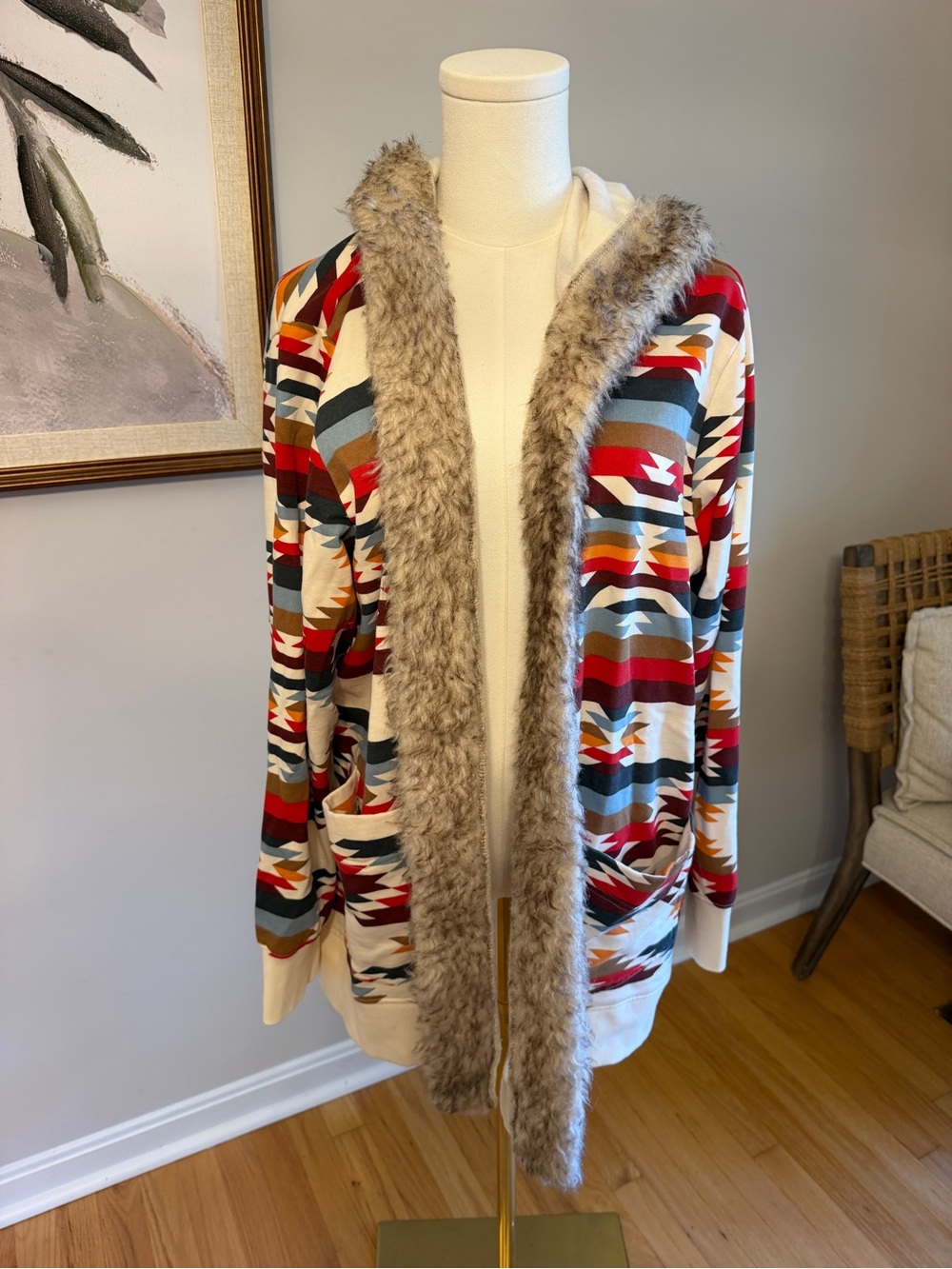 Wrangler Retro Southwestern Hooded Cardigan Faux Fur Trim XXL